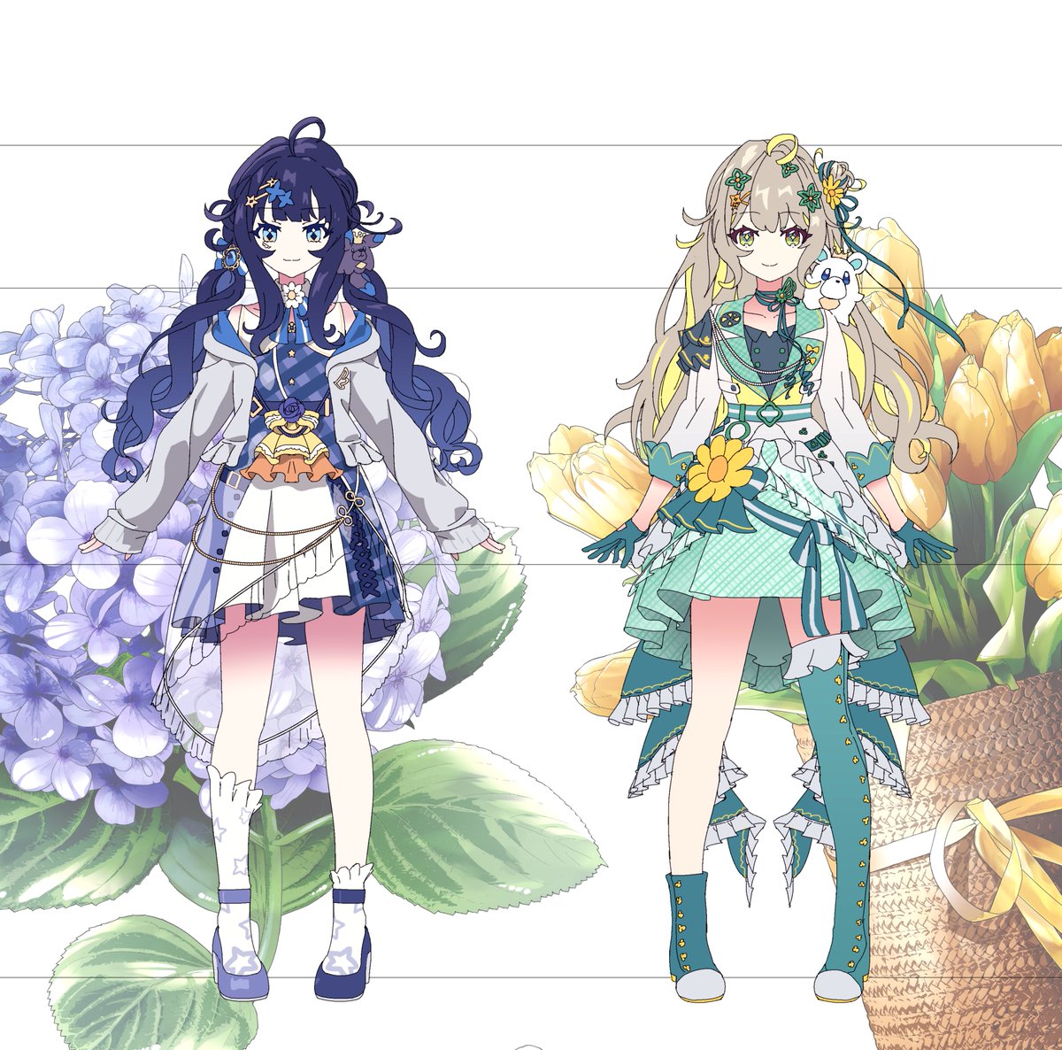「ほのみお1周年記念FA、それぞれの後ろにいるコンセプトチェンジ衣装の設定画ですそ」|東條チカのイラスト