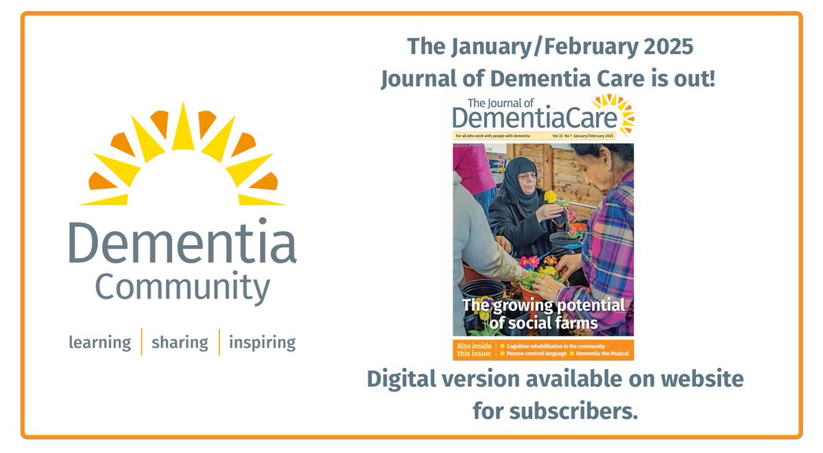 The January/February issue of the Journal of Dementia Care is out now!

If you're a subscriber, you can login to the website to read it now!

journalofdementiacare.co.uk/login
journalofdementiacare.co.uk/current-issue

If you're not a subscriber you can sign up here:
journalofdementiacare.co.uk/membership-opt…