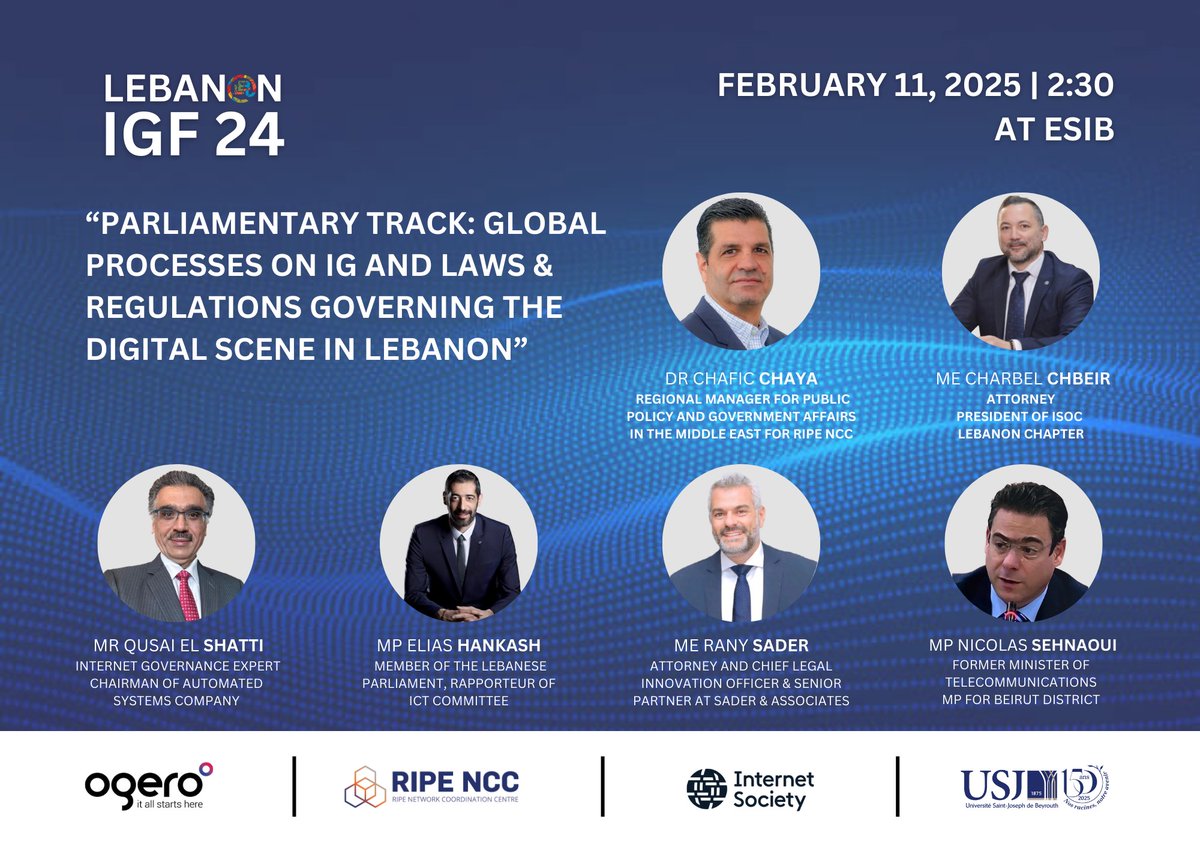 This year the LIGF is organizing a Parliamentary Track to present the Global Processes on #internet  Governance and discuss the Laws and Regulations governing the Digital scene in #Lebanon. 
For Registration: igflebanon.org/registration/
#IGFLebanon #intgovforum #ligf2024