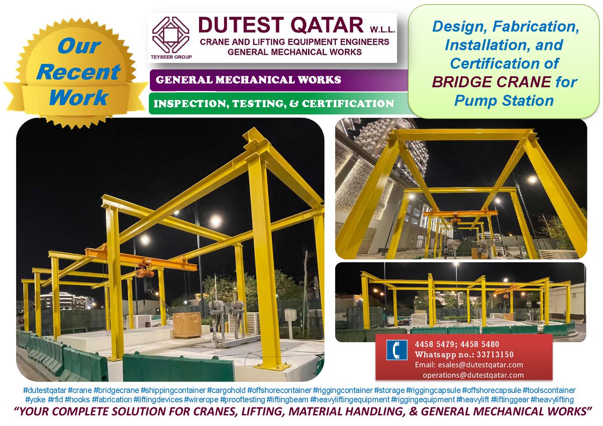 OUR WORK: Design, Fabrication, Installation, and Certification of BRIDGE CRANE for Pump Station. Call or 'WhatsApp' us at 33713150 for any Lifting, Shifting, and Other Material Handling Needs. #dutestqatar #crane #bridgecrane #shippingcontainer #cargohold dutestqatar.com