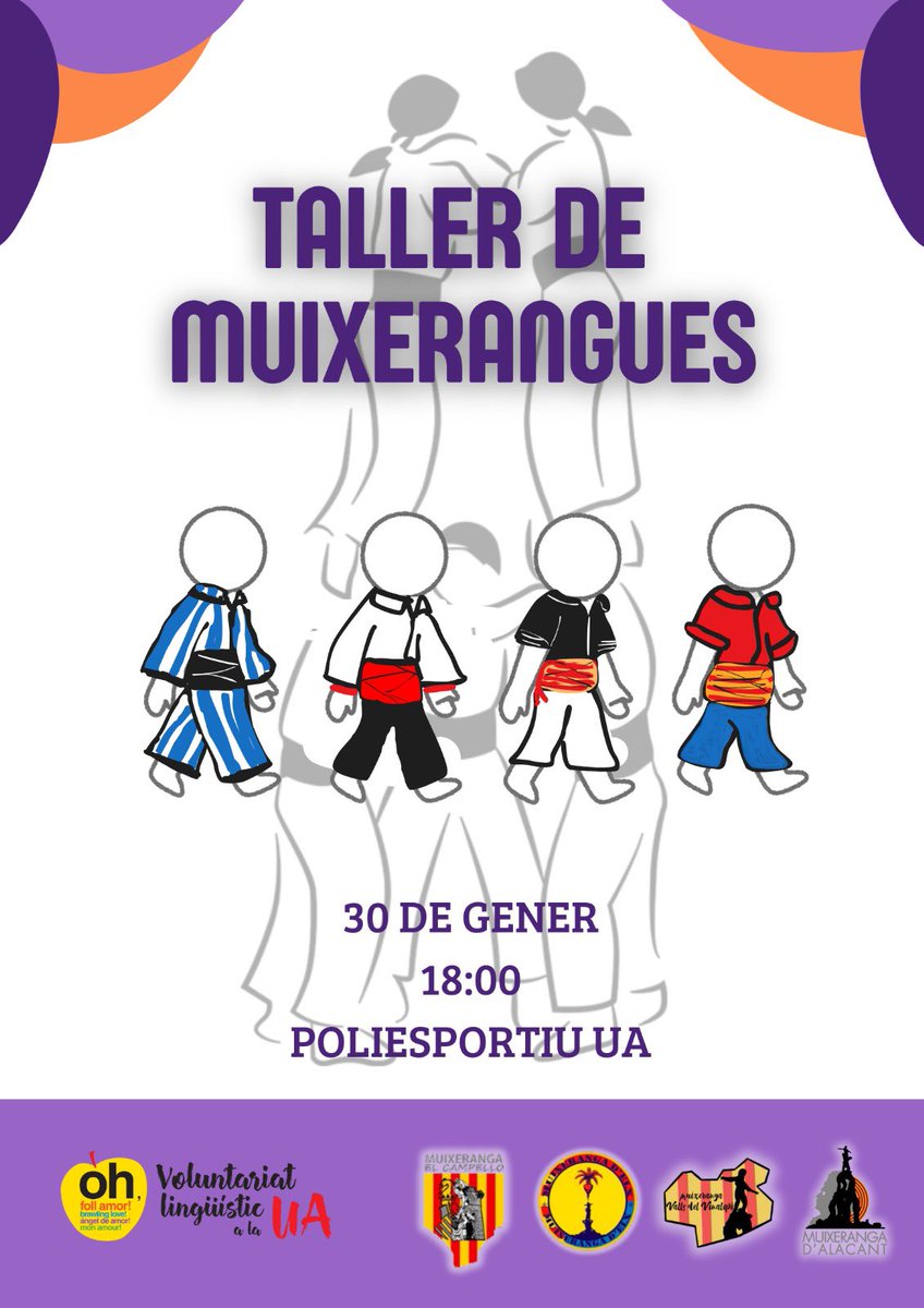 Hui a partir de les 18:00 en el Poliesportiu de la UA, membres de les quatre colles del Sud, participarem en un taller de muixerangues junt al Voluntariat Lingüístic per a que tot l’alumant de la Universitat interessat tinga una aproximació al fet muixeranguer. No faltes!!