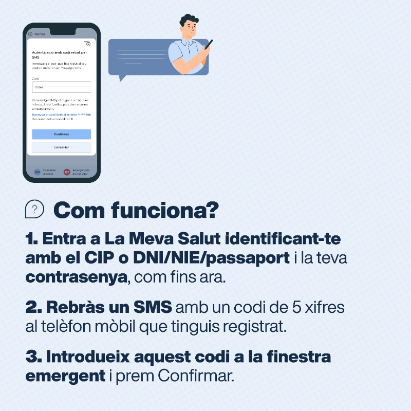 salutcat's tweet photo. 💻 Doble factor d'autenticació per entrar a La Meva Salut amb contrasenya.

📲 A partir d'ara, caldrà que introdueixis un codi que rebràs al teu telèfon mòbil per SMS.

⚙ Es tracta d'una nova capa de seguretat que protegeix encara més les teves dades de salut.