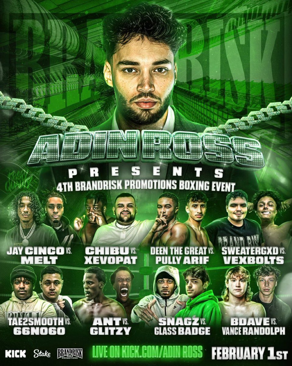 Adin Ross presents his 4th upcoming Brandrisk Promotions Boxing Event airing February 1st @ 7PM EST 🔥