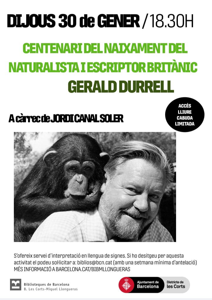 jordicanalsoler's tweet photo. Avui 30 de gener de 2025 fa 30 anys que el naturalista #GeraldDurrell va morir. I també durant aquest gener celebrem el centenari del seu naixement.
Per això, avui a la Biblioteca Miquel Llongueras de Les Corts de @BibliotequesBCN parlarem d'ell, la seva família (i altres animals) i del Zoo de Jersey (@JerseyZoo) que va fundar.
No us ho perdeu!