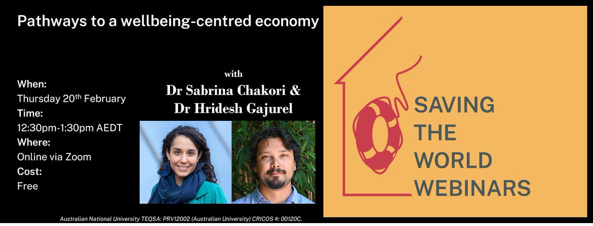 Planetary Health Equity Hothouse (@phehothouse) on Twitter photo The <a href="/PHEHothouse/">Planetary Health Equity Hothouse</a> presents its first #SavingTheWorld webinar of 2025, where Sabrina Chakori and Hridesh Gajurel will discuss alternative approaches to growthism for countries like Australia.
Register here: hothouse.anu.edu.au/event/pathways…
📅 Thursday 20th February
🕧 12:30pm-1:30pm AEDT The <a href="/PHEHothouse/">Planetary Health Equity Hothouse</a> presents its first #SavingTheWorld webinar of 2025, where Sabrina Chakori and Hridesh Gajurel will discuss alternative approaches to growthism for countries like Australia.
Register here: hothouse.anu.edu.au/event/pathways…
📅 Thursday 20th February
🕧 12:30pm-1:30pm AEDT