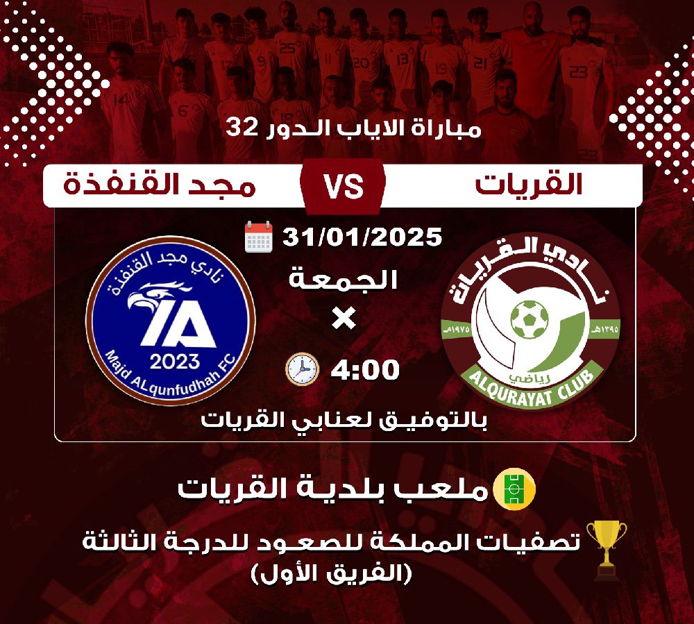 سيلتقي غداً الجمعة  #نادي_القريات  مع نادي #مجد_القنفذة على ملعب #بلدية_القريات عند الساعة 4 م وذلك في اياب دور 32 من تصفيات المملكة للصعود للدرجة الثالثة للفريق الأول علماً بأن نتيجة الذهاب هي فوز #القريات 2/ 1
بالتوفيق ل #ملح_الشمال