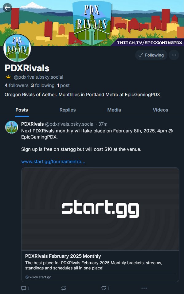 PDXRivals's tweet image. This site isn't great so we've created a bluesky. Find us over there!
PRs and other posts will be over there from now on. Tournament announcements will also be here for visibility until every one has swapped over.
bsky.app/profile/pdxriv…