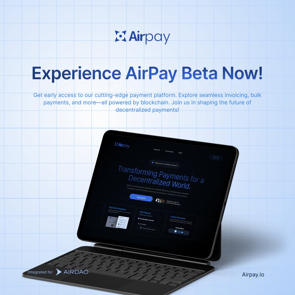 Official_Airpay's tweet photo. BIG NEWS: AirPay Beta is Live!  🎊

Be among the first to experience our cutting-edge payment platform!

🔘 Seamlessly handle invoicing
🔘 Bulk payments, —all powered by @airdao_io blockchain. 🌐

Join us in shaping the future of decentralized payments!

🔗 Try it now: https://t.co/OKnfg6jG26

Share your experience, and suggestions. Your experience is our Priority 🤝

#AirPay #BetaLaunch #AirDAO #CryptoPayments
