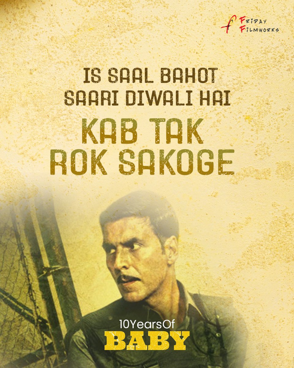 Friday Filmworks (@ffw_official) on Twitter photo An undercover mission, an elite team, and dialogues that pack a punch! 💥
Which line from Baby do you still remember? Tell us below! ⬇️
#SpyThriller #FridayFilmworks #10YearsOfBaby <a href="/akshaykumar/">Akshay Kumar</a> <a href="/anupampkher/">Anupam Kher</a> <a href="/ranadaggubati/">Rana Daggubati</a> <a href="/taapsee/">taapsee pannu</a> <a href="/kaykaymenon02/">KayKay Menon🇮🇳</a> #anniversarypost #bollywood An undercover mission, an elite team, and dialogues that pack a punch! 💥
Which line from Baby do you still remember? Tell us below! ⬇️
#SpyThriller #FridayFilmworks #10YearsOfBaby <a href="/akshaykumar/">Akshay Kumar</a> <a href="/anupampkher/">Anupam Kher</a> <a href="/ranadaggubati/">Rana Daggubati</a> <a href="/taapsee/">taapsee pannu</a> <a href="/kaykaymenon02/">KayKay Menon🇮🇳</a> #anniversarypost #bollywood