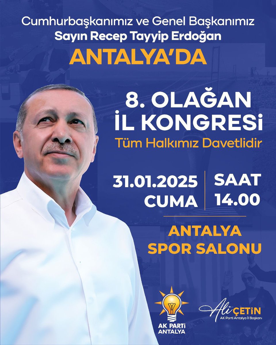 Antalya, Büyük Buluşmaya Hazır mıyız?

Cumhurbaşkanımız, Genel Başkanımız Sayın Recep Tayyip Erdoğan’ın (<a href="/RTErdogan/">Recep Tayyip Erdoğan</a>) teşrifleriyle gerçekleşecek 8. Olağan İl Kongremize tüm hemşehrilerimiz davetlidir.

🗓️ 31 Ocak Cuma
⏰ 14.00
📍 Antalya Spor Salonu (Meltem Mahallesi)

<a href="/efkanala/">Efkan Âlâ</a>