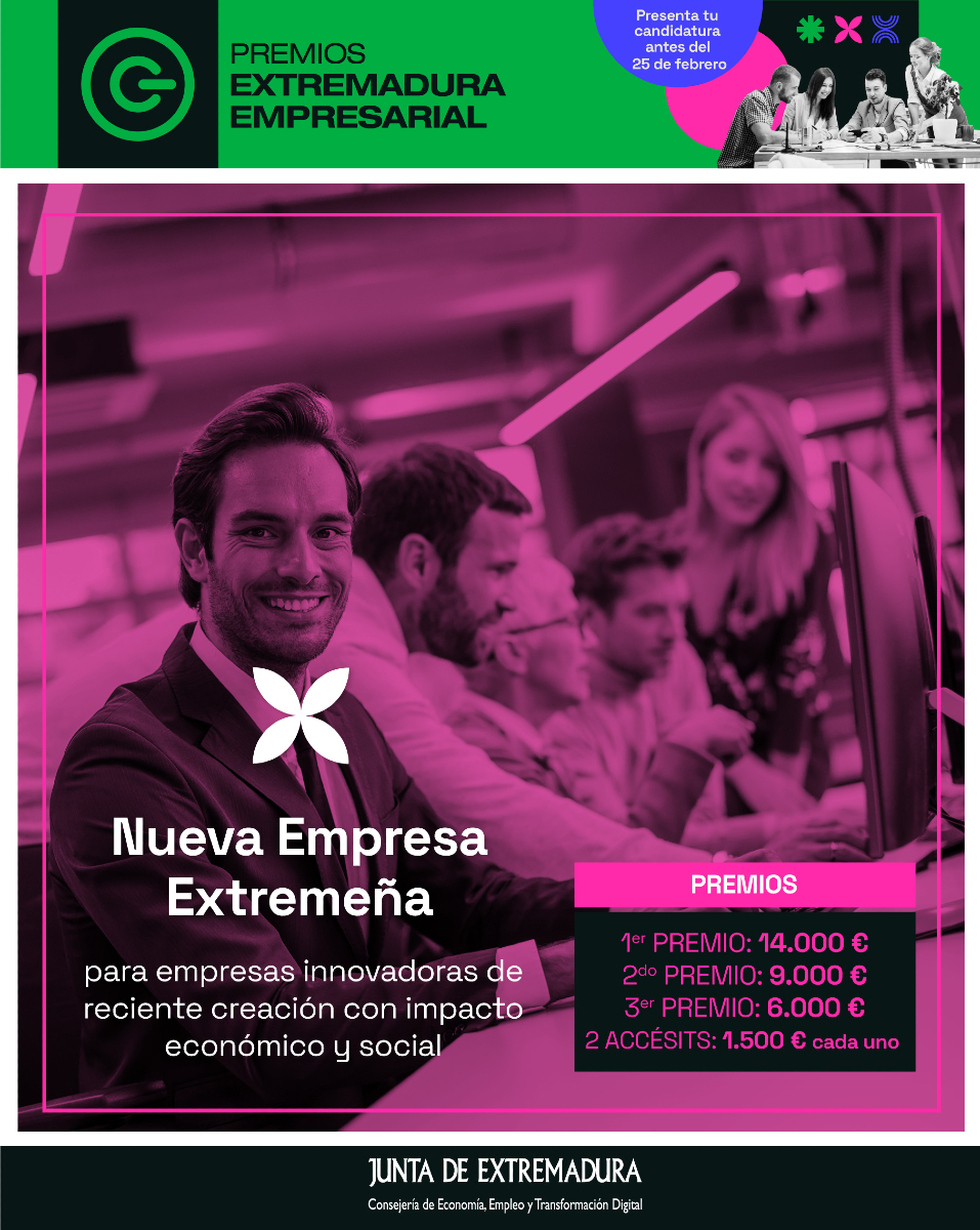 🎖️¿Tienes una nueva empresa y quieres que tu esfuerzo sea reconocido? ¡Esta es tu oportunidad!
Participa en la modalidad de Nueva Empresa Extremeña de los Premios Extremadura Empresarial. 🏆
🏆Primer premio de 14.000 €,
🏆Segundo premio de 9.000 €,
🏆Tercer premio de 6.000 €.