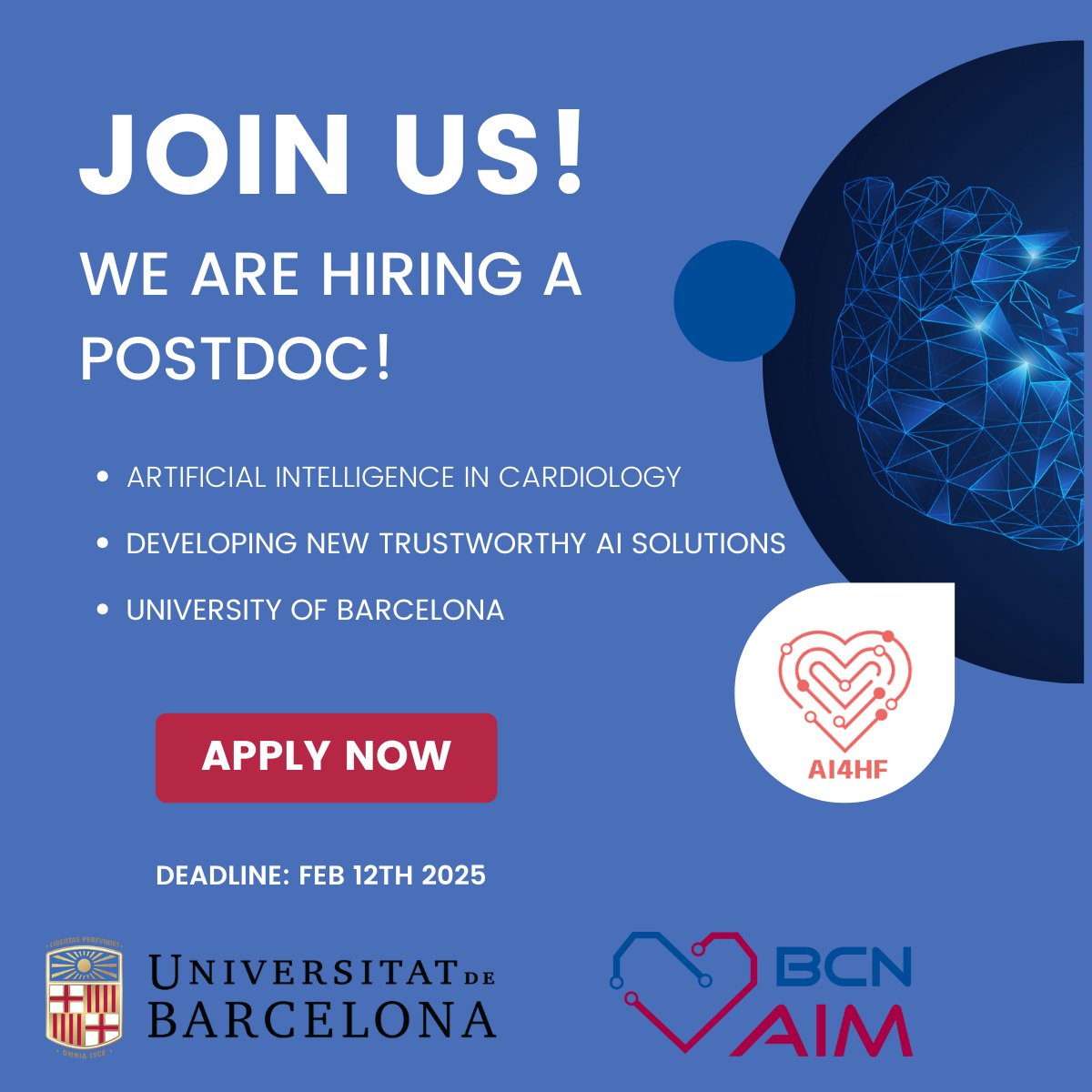 Artificial Intelligence in Medicine Lab * BCN-AIM (@bcn_aim) on Twitter photo ๐จ Weโre hiring a Postdoc!
Conduct innovative research at the crossroads of AI and healthcare. Work with a multicultural, interdisciplinary team and European partners. Live & work in beautiful Barcelona๐
๐More information: shorturl.at/OPOJqv #Vacancy #HiringAlert <a href="/AI4HF/">AI4HF Consortium</a> ๐จ Weโre hiring a Postdoc!
Conduct innovative research at the crossroads of AI and healthcare. Work with a multicultural, interdisciplinary team and European partners. Live & work in beautiful Barcelona๐
๐More information: shorturl.at/OPOJqv #Vacancy #HiringAlert <a href="/AI4HF/">AI4HF Consortium</a>