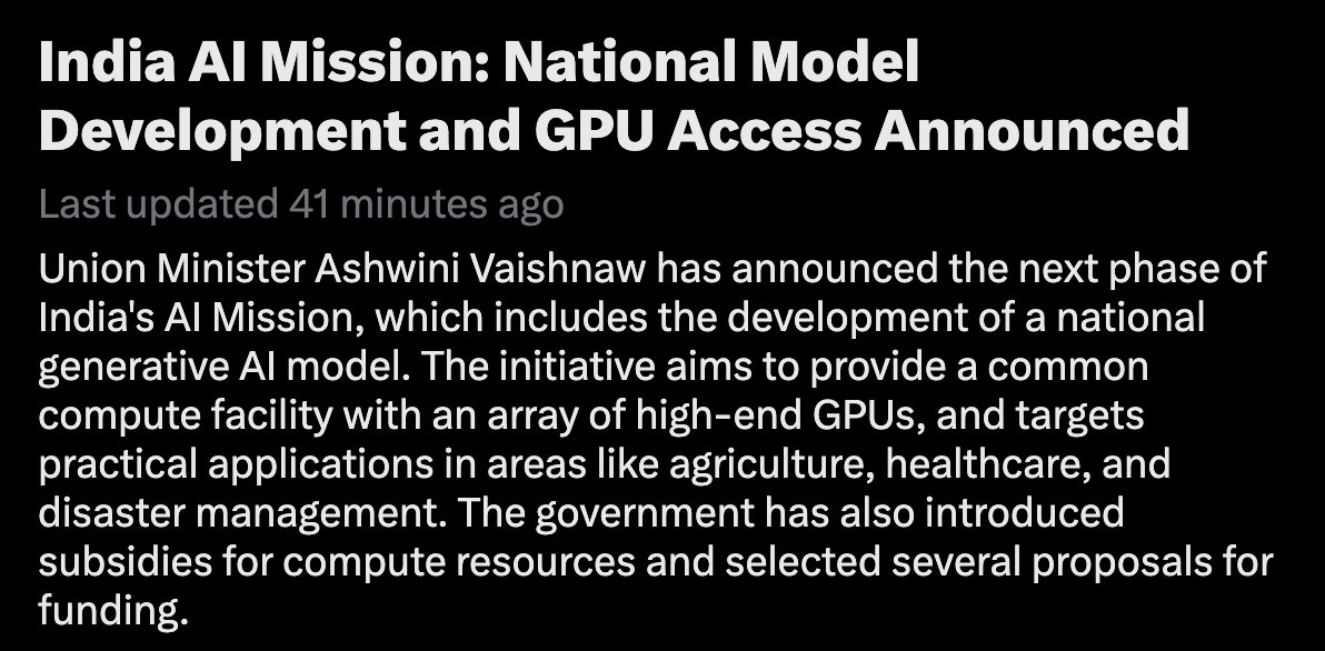 Aravind (@aravind) on Twitter photo Thank you <a href="/AshwiniVaishnaw/">Ashwini Vaishnaw</a> <a href="/narendramodi/">Narendra Modi</a> and GoI for doing this at the right time. India is already having many private AI projects on the verge of greatness, but this compute mission aiming for a "National AI" is going to make India a leader in AI and compute, am sure. Kudos. Thank you <a href="/AshwiniVaishnaw/">Ashwini Vaishnaw</a> <a href="/narendramodi/">Narendra Modi</a> and GoI for doing this at the right time. India is already having many private AI projects on the verge of greatness, but this compute mission aiming for a "National AI" is going to make India a leader in AI and compute, am sure. Kudos.