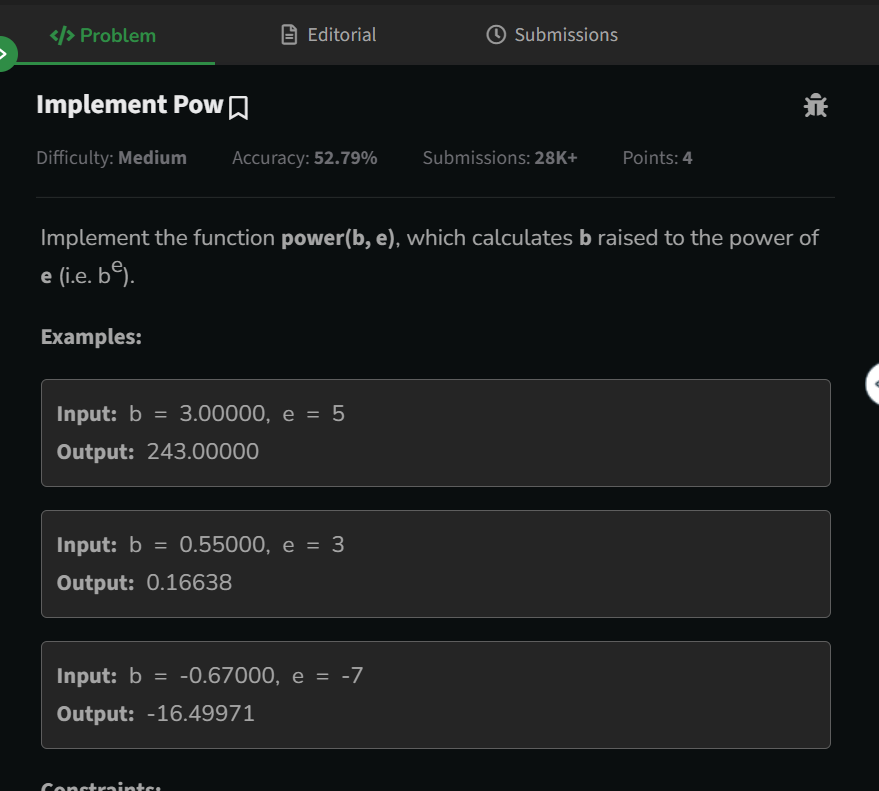 Gupta__Kanishka's tweet photo. ✨Day76 of #geekstreak2024
👩💻solved today's problem for the #gfg160 challenge!
problem: Implement Pow
Implement the function power(b, e), which calculates b raised to the power of e.
Thanks, @geeksforgeeks !
#geekstreak2025 #gfg160 #womeintech ! https://t.co/C3V0rMqZrp