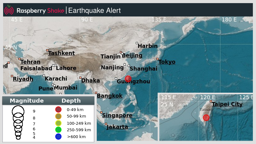 raspishakEQ's tweet photo. Preliminary M5.2 #Earthquake
ID: #rs2025cbunml
14km from #Yanping, #Taiwan
2025-01-30 07:16 UTC
Source: #GFZ
@raspishake
Join the largest #CitizenScience EQ community ➡ https://t.co/Y5O0dgJqJF
EVENT ➡ https://t.co/gMO9AyeuIL https://t.co/pZH0r5VLO7