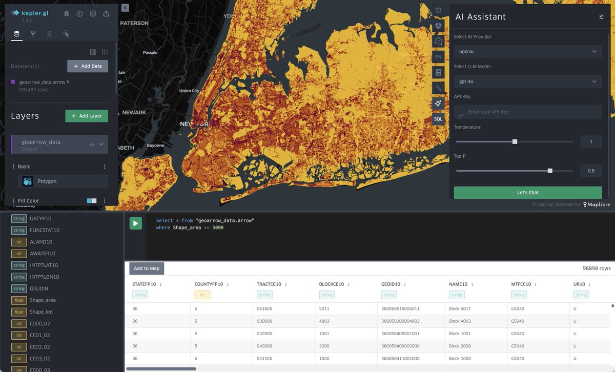 heshan_cheri's tweet image. I am excited to share our milestone on kepler.gl 3.1 release - adding support for @duckdb  integration, LLM assistant with models from OpenAI, deepseep, Ollama, and map rendering PMTiles. Still free, still browser only.
