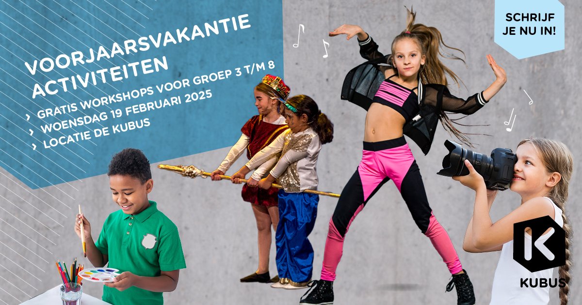 Houd jij van creatief bezig zijn? Voor alle kinderen van groep 3 t/m 8 organiseren we op woensdag 19 februari tijdens de voorjaarsvakantie ⚘️ gratis workshops in De Kubus! 
Meld je snel aan, want VOL = VOL!

👉 dekubuslelystad.nl/agenda
🗓️ 19 februari a.s.
📍 De Kubus
🎟️ Gratis