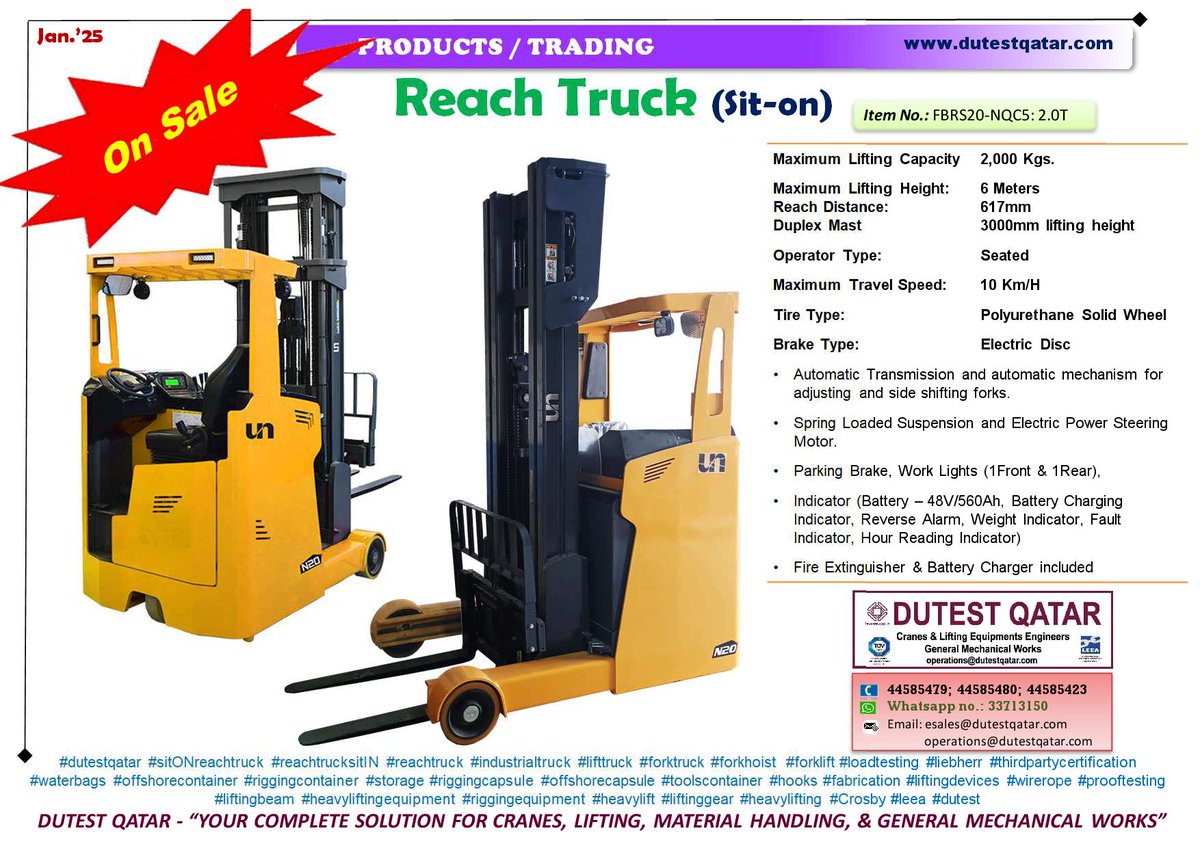 ON SALE: Reach Truck (Sit-on). Item No.: FBRS20-NQC5: 2.0T. Call or WhatsApp us at 3371 3150. #dutestqatar #sitONreachtruck #reachtrucksitIN #reachtruck #industrialtruck #lifttruck #forktruck #forkhoist #forklift #loadtesting #liebherr dutestqatar.com