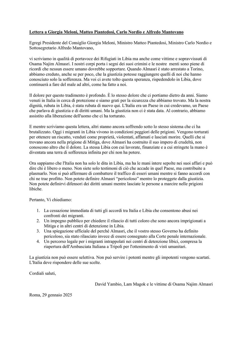 Ieri, al Parlamento italiano, le vittime di #Almasri hanno raccontato chi è davvero il trafficante e torturatore nel lager di Mitiga in #Libia. 

Qui integrale la conferenza stampa dei <a href="/RefugeesinLibya/">Refugees In Libya</a> 👇🏾 

webtv.camera.it/evento/27208

Qui la lettera indirizzata a Giorgia #Meloni 👇🏾