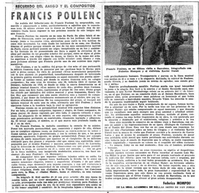 #taldiacomavui de 1963 moria el gran compositor Francis Poulenc, que va tenir una profunda amistat amb Frederic Mompou des del 1923 que es van conèixer a París.
📷 Els músics a Barcelona cap al 1958 i obituari signat per Mompou sobre l'admirat amic publicat a La Vanguardia - 1/2