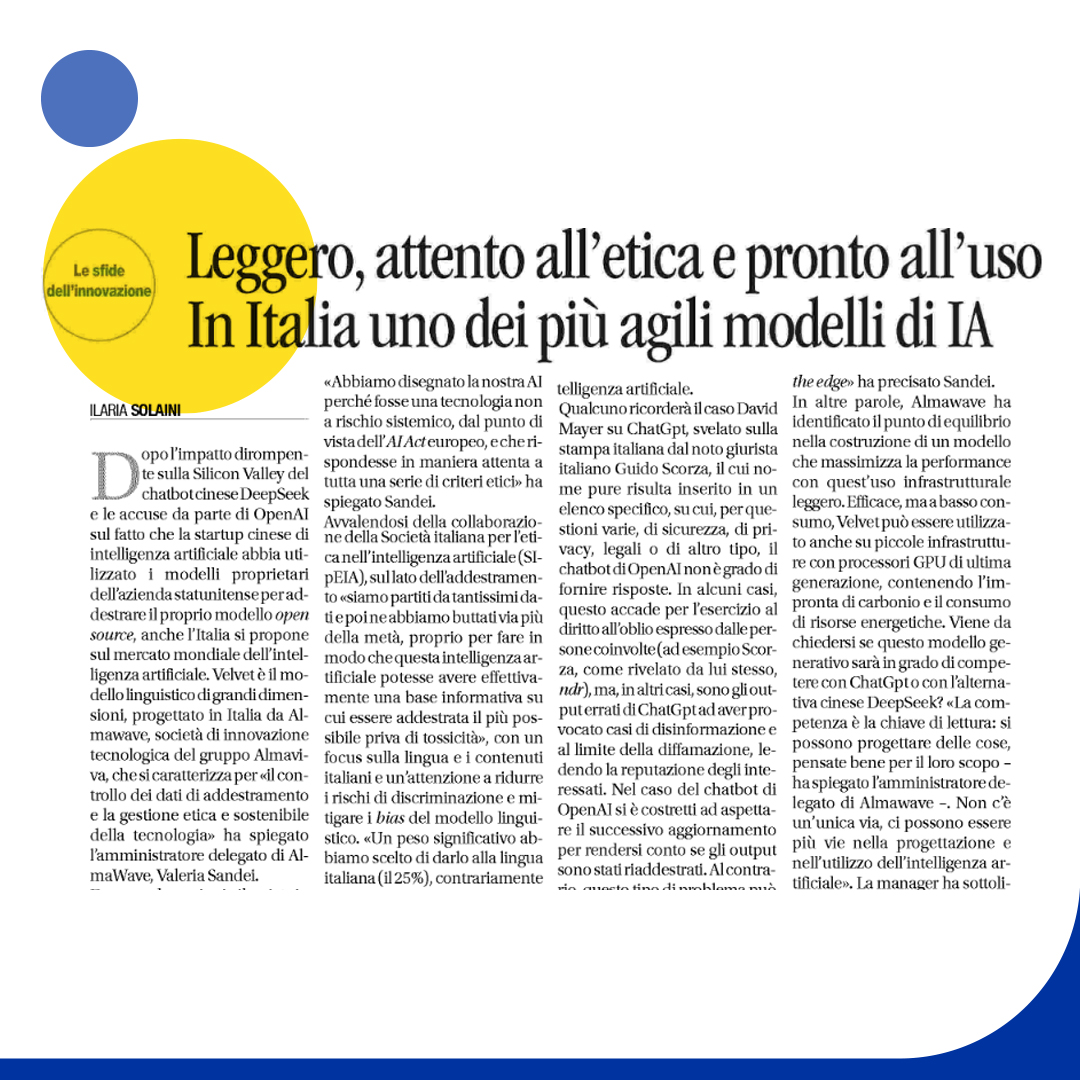 Le sfide dell'innovazione.
🗞️"Leggero, attento all'etica e pronto all'uso. In Italia uno dei più agili modelli di IA" su <a href="/Avvenire_Nei/">𝐀𝐯𝐯𝐞𝐧𝐢𝐫𝐞</a> 

#IntelligenzaArtificiale <a href="/eia_ip/">SIpEIA</a> <a href="/Almawave/">Almawave</a> <a href="/unimib/">Università degli Studi di Milano-Bicocca</a>
 <a href="/unipv/">Università di Pavia</a> <a href="/marcoagosti/">marco agosti</a> <a href="/darioandriani/">Dario Andriani</a>  <a href="/GiovannaDiTroia/">Giovanna Di Troia</a> <a href="/aldoceccarelli/">Aldo Ceccarelli</a> <a href="/SGInnovazione/">Stati G. Innovazione</a>
