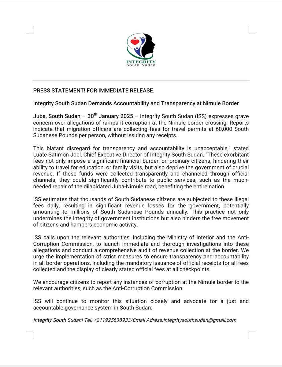 Integrity South Sudan (@integritysouth) on Twitter photo How can citizens hold officials accountable for funds paid without receipts, like the 60,000 SSP for a travel permit at the Nimule border? Lack of documentation creates a breeding ground for corruption and mismanagement.
#SSOT
<a href="/USMissionJuba/">U.S. Embassy in Juba</a>
<a href="/davsaru/">David Santos</a> How can citizens hold officials accountable for funds paid without receipts, like the 60,000 SSP for a travel permit at the Nimule border? Lack of documentation creates a breeding ground for corruption and mismanagement.
#SSOT
<a href="/USMissionJuba/">U.S. Embassy in Juba</a>
<a href="/davsaru/">David Santos</a>