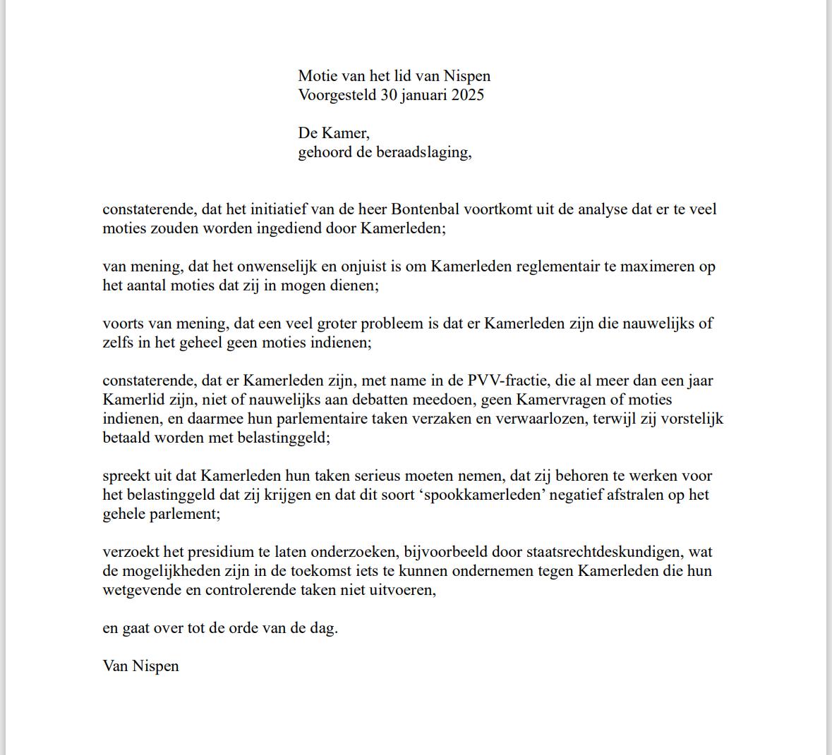 <a href="/MichielvNispen/">Michiel van Nispen</a> #SP dient vandaag deze motie van treurnis in tegen #spookparlementariërs die nooit in de <a href="/tweedekamer/">tweedekamer</a> op komen dagen.