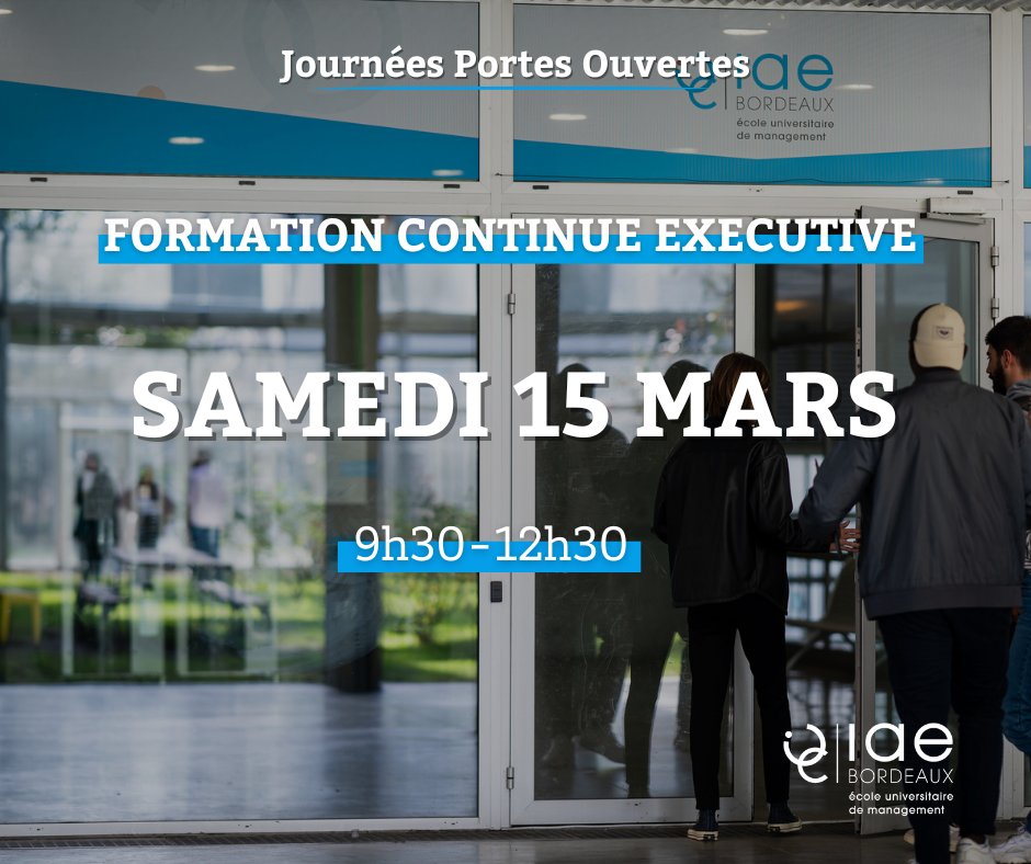 🗓️ RDV le samedi 15 mars de 9h30 à 13h pour nos Portes Ouvertes consacrées à la Formation Continue Executive à l'#IAEBordeaux.
Venez découvrir nos programes
Pour vous inscrire 👉 : v3.oscar-campus.com/iae_bordeaux/f…
Les candidatures 2025-2026 débuteront le mercredi 19 février.
#iaefamily