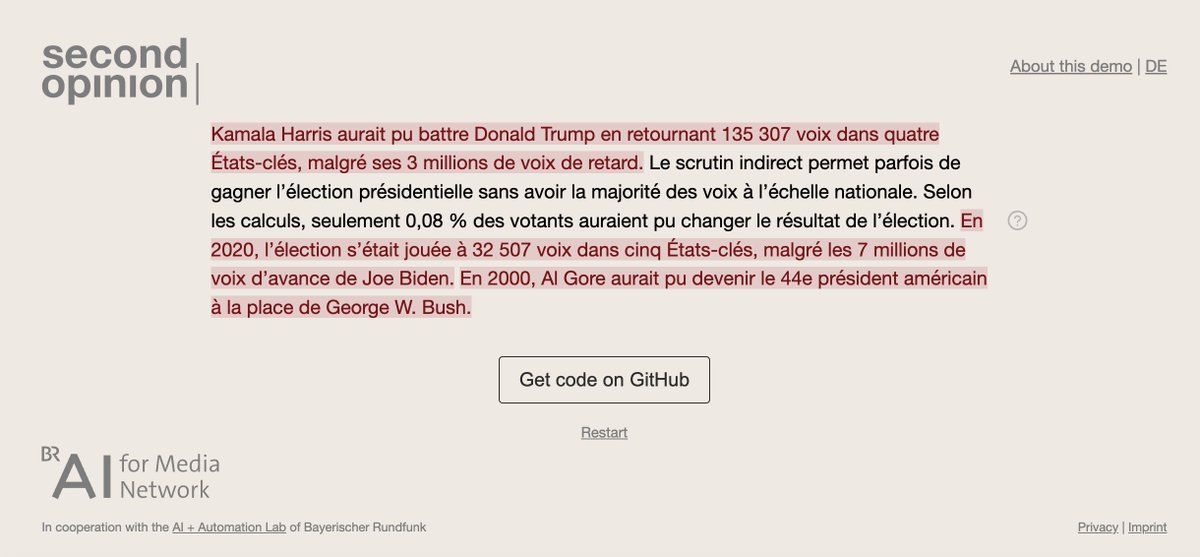 Une IA pour contrôler l'exactitude d'un texte produit par une IA - ici un résumé d'article.

Le projet « Second Opinion » de la @BR_AILab (la TV publique bavaroise) préfigure à mon avis un usage éditorial de l'IA amené à devenir courant.

⏩ Pour tester interaktiv.br.de/second-opinion…