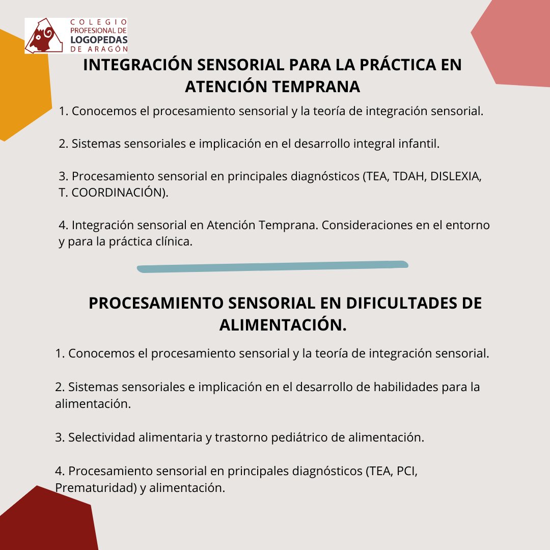 CURSO: INTEGRACIÓN SENSORIAL PARA LA PRACTICA EN ATENCIÓN TEMPRANA. PROCESAMIENTO SENSORIAL EN DIFICULTADES DE ALIMENTACIÓN.
Inscripciones: logopedasaragon.com/cursos/curso/1…