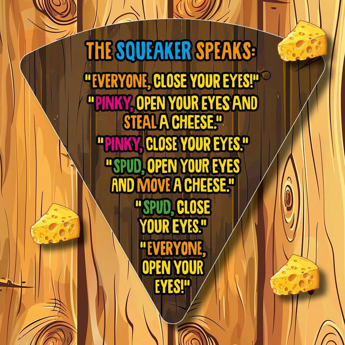 Who Stole My Cheese? THINK TRAITORS... BUT FOR KIDS! A party board game for BIG EARED detectives 4-8 players - ages 5 to adult - Are you an innocent mouse? or PINKY the cheese snatching thief? buff.ly/49T2Cse #boardgames #cheese #whostolemycheese #traitors #werewolf