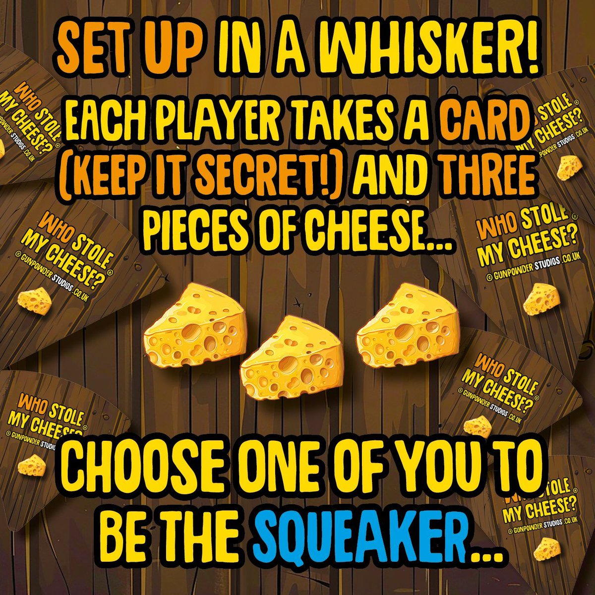 gunpowder's tweet photo. Who Stole My Cheese? THINK TRAITORS... BUT FOR KIDS! A party board game for BIG EARED detectives 4-8 players - ages 5 to adult - Are you an innocent mouse? or PINKY the cheese snatching thief? https://t.co/tIIoWOhOnu #boardgames #cheese #whostolemycheese #traitors #werewolf https://t.co/QtJNy7hgi4
