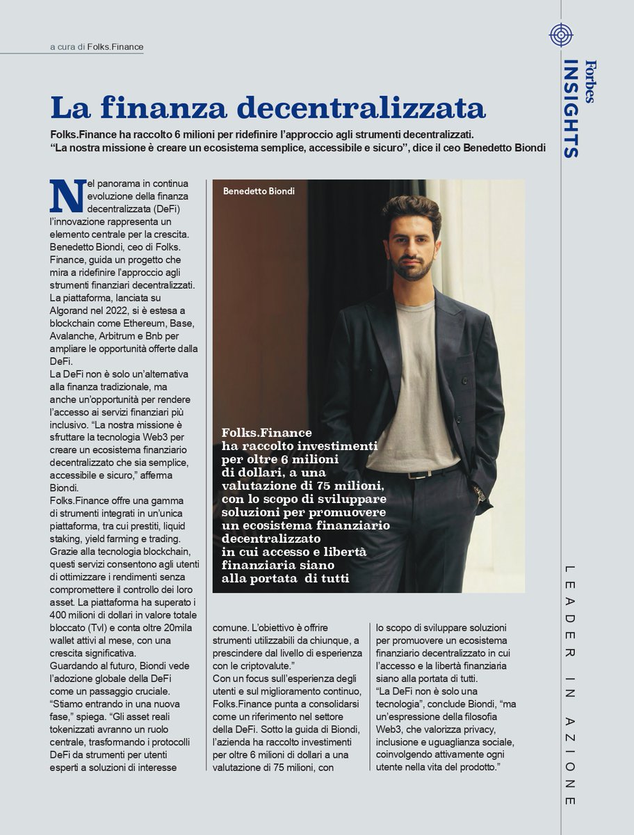 BenedettoBio's tweet image. Proud of being together with @FolksFinance in @Forbes Italy.
It’s great to see our hard work being acknowledged, and give us push to go further and harder.
Because DeFi isn't just about technology. It's about empowering users with financial freedom.