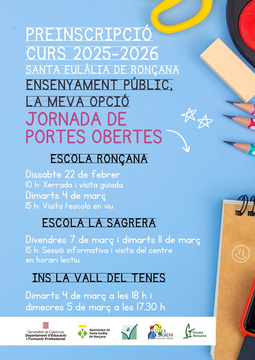 🎒Els centres educatius de #SantaEulàliadeRonçana preparen les portes obertes per al curs 25-26

📌L'Escola Ronçana les farà el 22 de febrer i el 4 de març; La Sagrera, el 7 i l'11 de març i l'INS La Vall del Tenes, el 4 i el 5 de març

Més informació a ▶️recursos.ser.cat/XY7RnY
