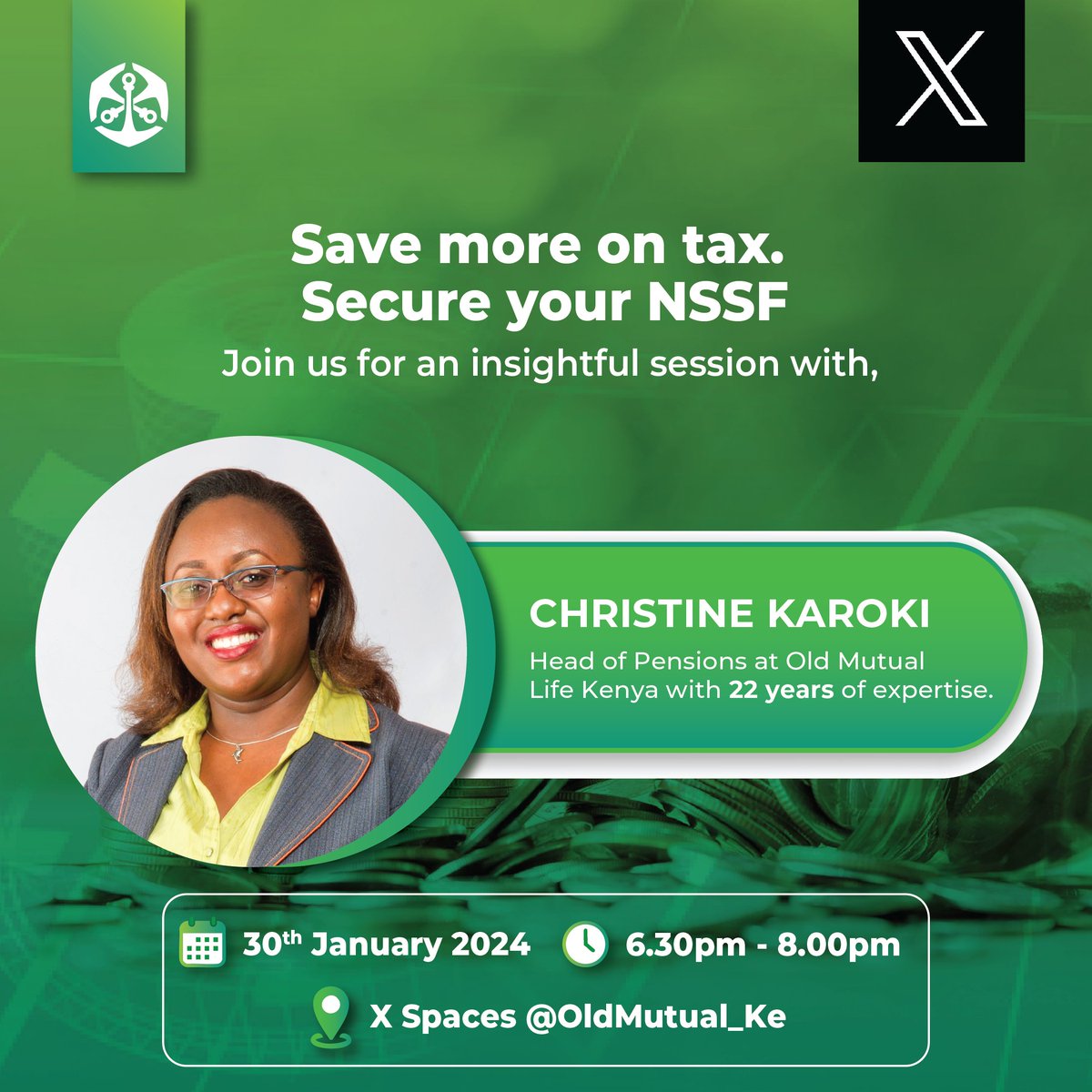 Meet Christine Karoki, Head of Pensions at Old Mutual Life Kenya. She is going to break down pension reforms and help you build a solid financial future. See you at 6.30pm! ​

#SmartRetirement #TaxSavings #SecureFuture