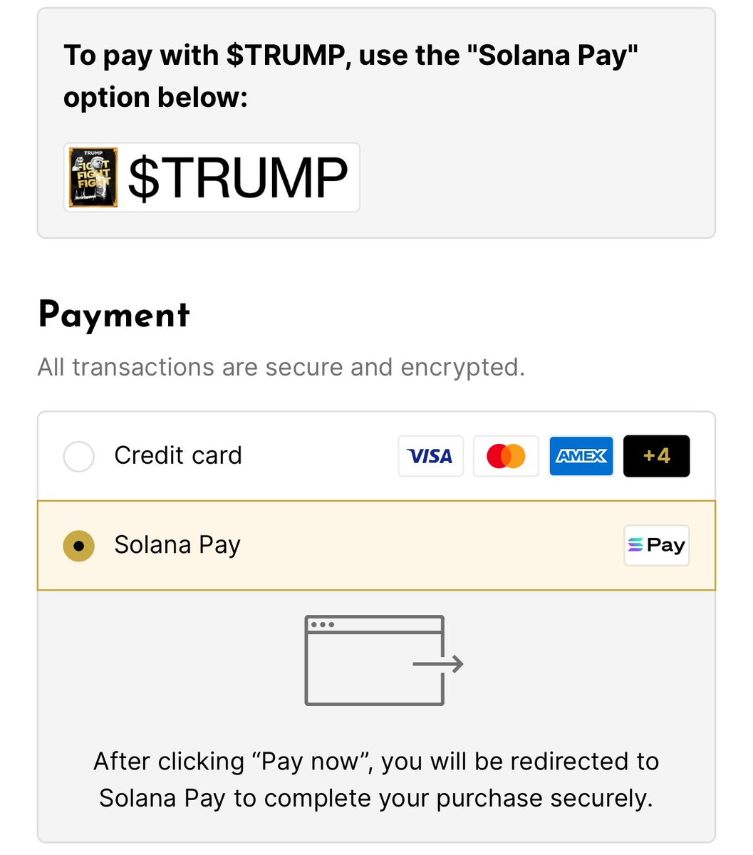 🚨BREAKING: @realDonaldTrump-branded merch stores have integrated @Solana  Pay, enabling users to buy with $TRUMP memecoin.