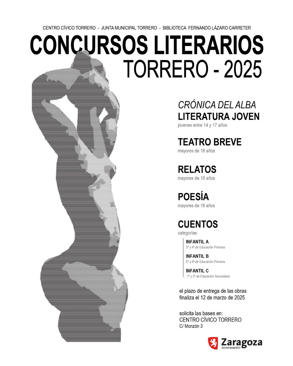 Bibliotecas Públicas Municipales de Zaragoza BPMZ (@zgzbibliotecas) on Twitter photo ✏️Concursos Literarios Torrero 2025📝Hasta el próximo 12 de marzo está abierto el plazo para participar en este certamen literario en las siguientes categorías:
🎭Teatro Breve
📚Relatos
🧒Cuentos
🗣️Literatura Joven
🫀Poesía
📲Toda la info: zaragoza.es/sede/servicio/…
<a href="/zaragoza_es/">AyuntamientoZaragoza</a> ❤️ ✏️Concursos Literarios Torrero 2025📝Hasta el próximo 12 de marzo está abierto el plazo para participar en este certamen literario en las siguientes categorías:
🎭Teatro Breve
📚Relatos
🧒Cuentos
🗣️Literatura Joven
🫀Poesía
📲Toda la info: zaragoza.es/sede/servicio/…
<a href="/zaragoza_es/">AyuntamientoZaragoza</a> ❤️