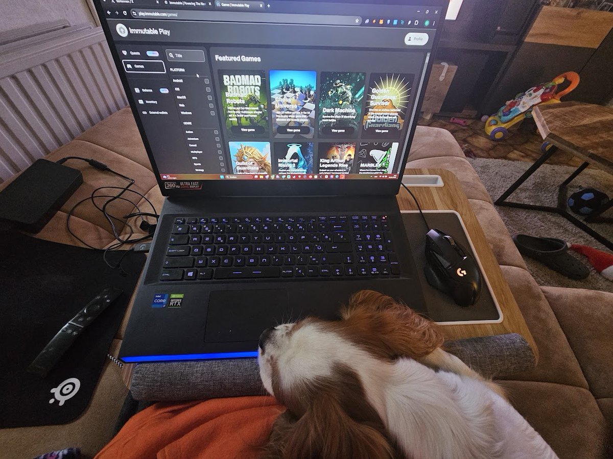 OneSexyPizza's tweet image. 🍕Sofa workstation

Immutable games marathon from the sofa today 🛋️🐶 @OneBabyPizza  zooming around the living room!  Gonna hunt for some @TheWardensGC  worthy games! 👀 

#ImmutableX #blockchainGaming #NFTgames