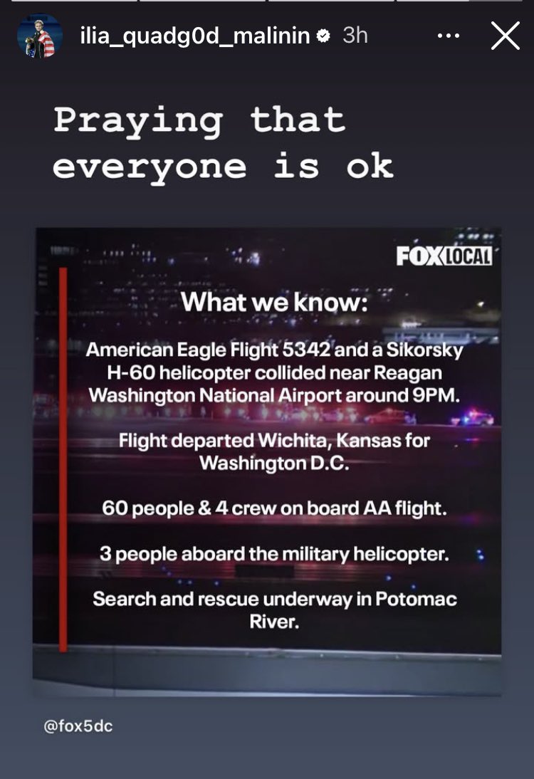 priestess68's tweet image. The men’s gold medalist Ilia Malinin was not on the plane. He posted in his Instagram stories.