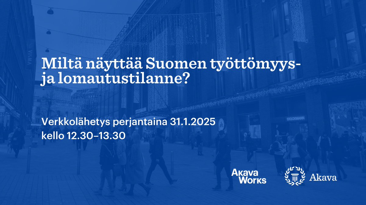 Huomenna keskustelussa työttömyys- ja lomautustilanne Suomessa. Tarkastelussa mm. onko työttömyys jatkanut kasvuaan ja miltä näyttää korkeakoulutettujen tilanne. Mukana <a href="/PasiSSorjonen/">Pasi Sorjonen</a>, Tomi Husa, Riikka Mykkänen <a href="/SuomenEkonomit/">Suomen Ekonomit</a>.

➡️ akavaworks.fi/tapahtumat/nak…