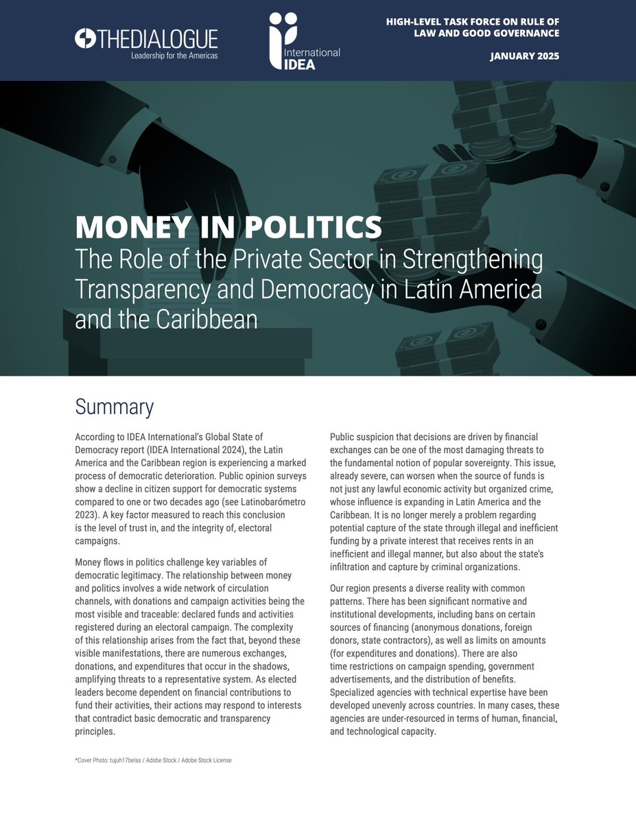 TamaraTaraciuk's tweet photo. 📢 NEW POLICY BRIEF: How can the private sector tackle illicit money in politics and strengthen democracy in #LatAm? A new roadmap highlights key actions: transparency, regulatory enforcement, inclusive dialogue, and stakeholder empowerment.

https://t.co/DG3ZMXInMn https://t.co/GFMHAgrcsO