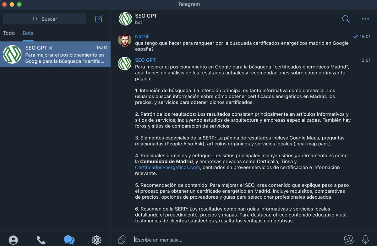 He montado un chatbot en Telegram que te dice la intención detrás de una búsqueda. Entiende la consulta en lenguaje natural, pasa los parámetros a un scraper, analiza todos los resultados de la SERP, y te devuelve la respuesta. (Es el primer test y se puede afinar)