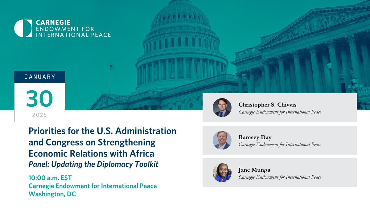 Carnegie Africa Program (@africacarnegie) on Twitter photo Then <a href="/CChivvis/">Chris Chivvis</a> will lead a conversation between <a href="/RDay17/">Ramsey Day</a> & <a href="/jane_munga/">Jane Munga</a> on how the administration can revitalize its diplomatic toolkit to better cooperate with African states and secure U.S. interests on the continent. Then <a href="/CChivvis/">Chris Chivvis</a> will lead a conversation between <a href="/RDay17/">Ramsey Day</a> & <a href="/jane_munga/">Jane Munga</a> on how the administration can revitalize its diplomatic toolkit to better cooperate with African states and secure U.S. interests on the continent.