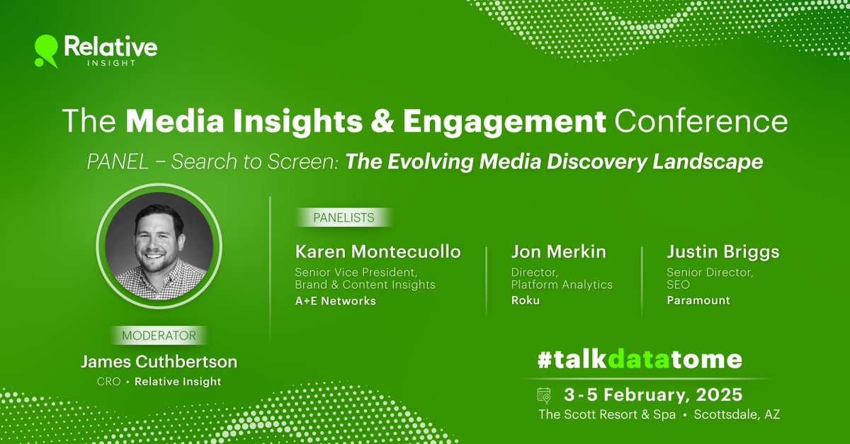 We're heading to Scottsdale, AZ, for The Media Insights &amp; Engagement Conference!

We’re thrilled that our very own James Cuthbertson will be moderating a must-attend panel: Search to Screen: The Evolving Media Discovery Landscape 🎤

Let’s connect! #talkdatatome #MIE25