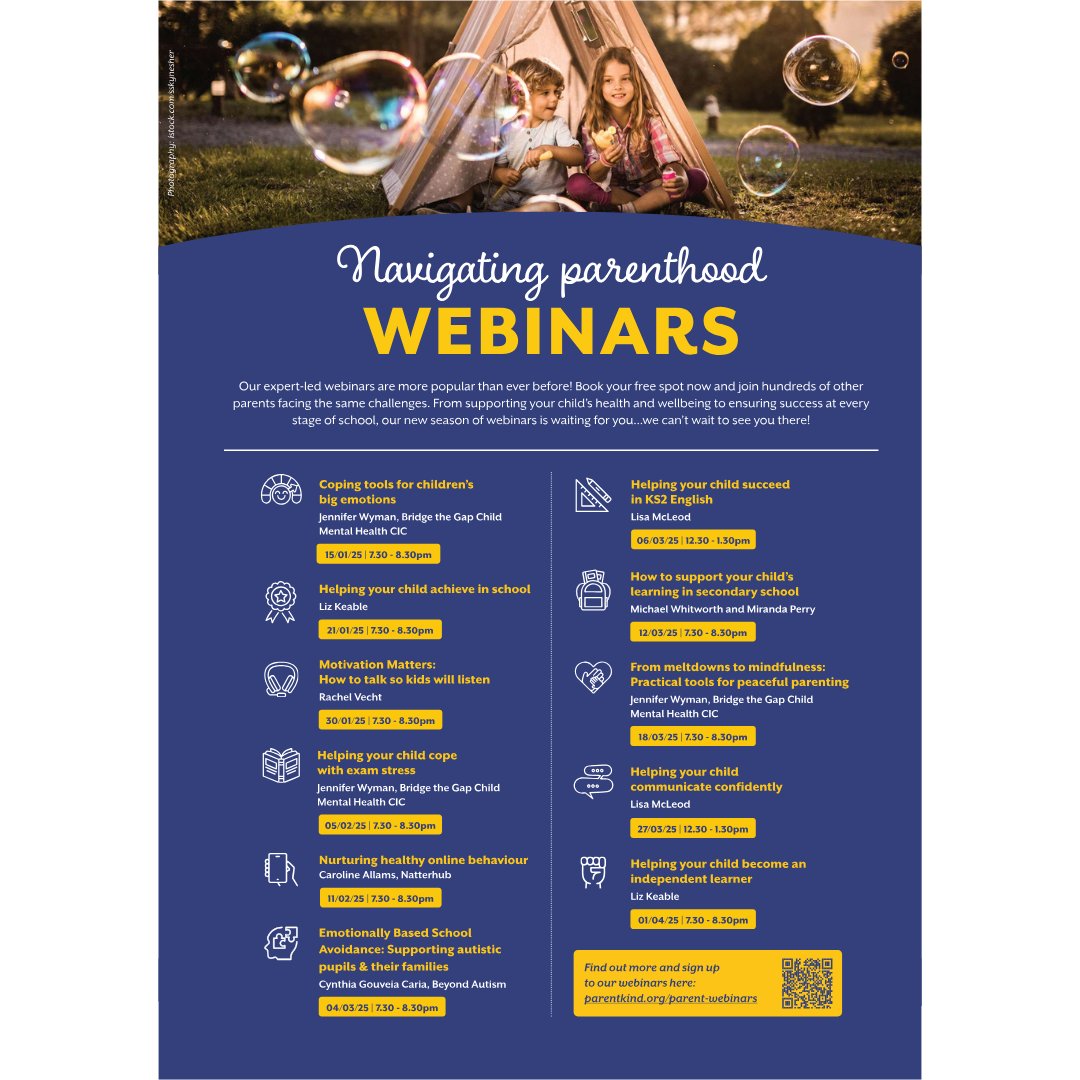 Parentkind, are a charity dedicated to empowering parents to enhance their children’s educational journeys. Their FREE Spring webinars are packed with valuable insights to help you support your child's learning. 📚

Check out our webinar schedule here: 👉 parentkind.org.uk/your-pta-exper…