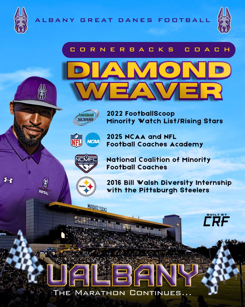 Coach Diamond Weaver (@coach_weaver) on Twitter photo "Learning never stops, and a new job means a new classroom full of new growth and new lessons."
Go Danes 🐶 🟣🟡 <a href="/UAlbanyFootball/">UAlbany Football</a> <a href="/BuiltbyCRF/">BuiltbyCRF</a> "Learning never stops, and a new job means a new classroom full of new growth and new lessons."
Go Danes 🐶 🟣🟡 <a href="/UAlbanyFootball/">UAlbany Football</a> <a href="/BuiltbyCRF/">BuiltbyCRF</a>