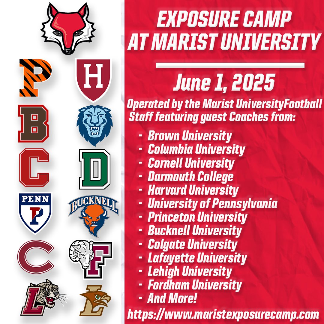 Marist Football (@marist_fball) on Twitter photo ๐จ <a href="/Marist_Fball/">Marist Football</a> is hosting our annual academic mega camp on Sunday June 1st! ๐จ
Sign up here: maristexposurecamp.com
Come work with coaches from the highest academic schools in the nation!
#FPT ๐จ <a href="/Marist_Fball/">Marist Football</a> is hosting our annual academic mega camp on Sunday June 1st! ๐จ
Sign up here: maristexposurecamp.com
Come work with coaches from the highest academic schools in the nation!
#FPT