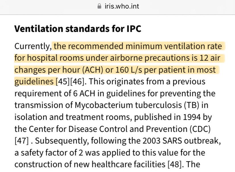 But it’s not just masks…

Until the importance of airborne transmission of Covid is acknowledged in NHS IPC guidance, no priority will be given to ventilation &amp; filtration.

The WHO advise a MINIMUM ventilation rate of 12 ACH for hospital rooms under airborne precautions…

/17