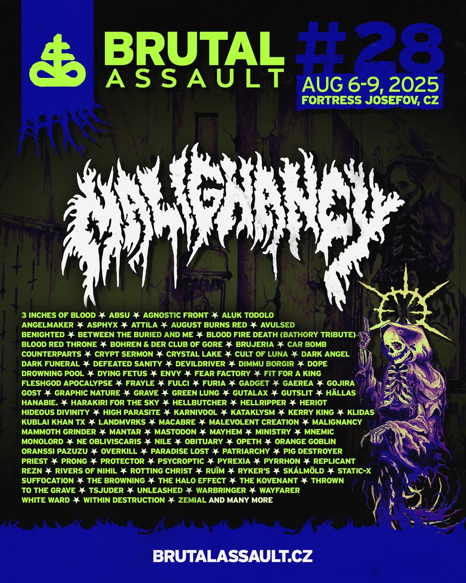 MALIGNANCY is super excited to be part of one of the biggest metal fests in the world !!
BRUTAL ASSAULT #28 Aug 6 - 9 2025 Fortress Josefov, CZ !!! We can't wait to shred faces !!!
#deathmetal #grind #nydm #willowtiprecords #BRUTALASSAULT.CZ
