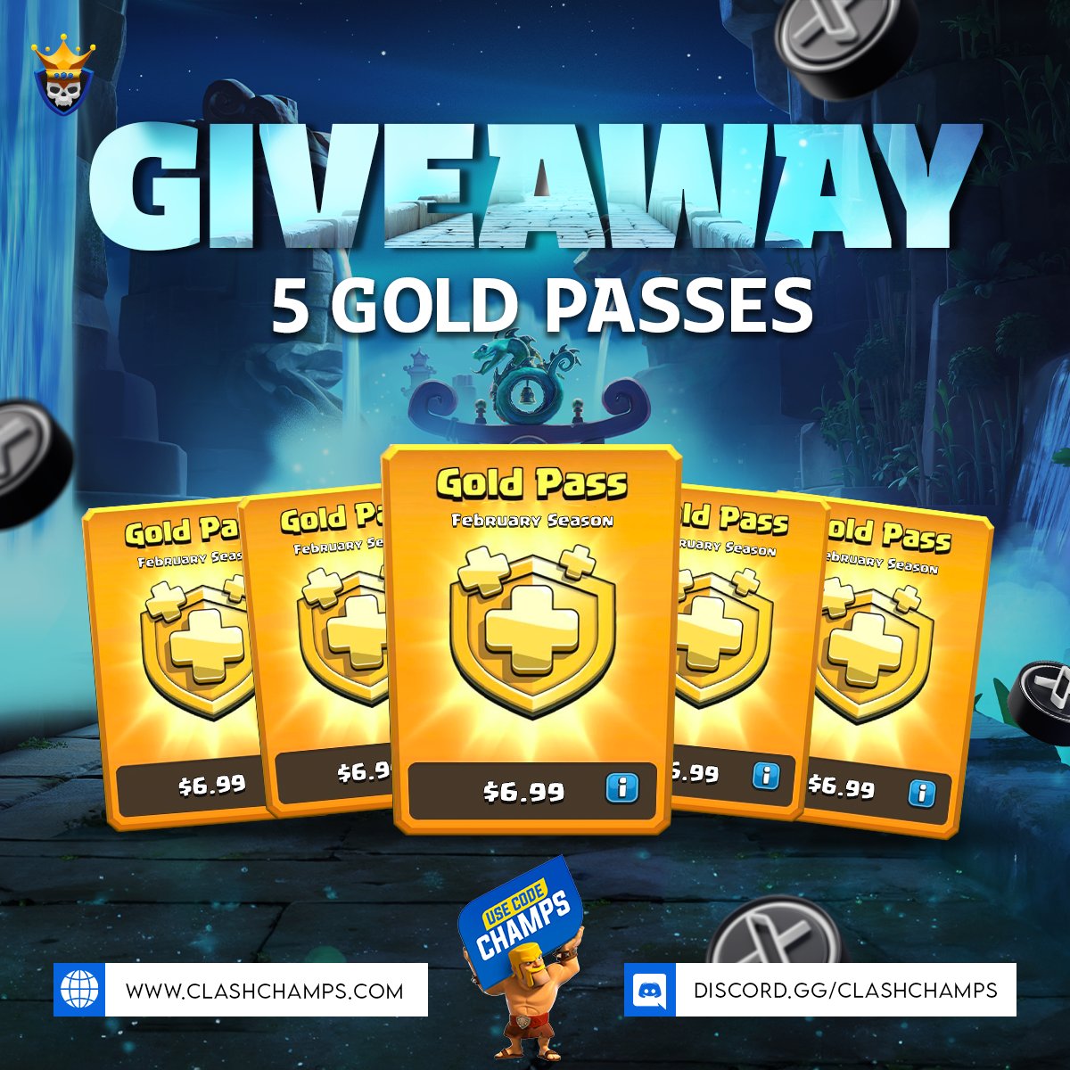 Clash Champs (@clashchamps) on Twitter photo 5x Gold Passes #Giveaway! 🤑
To Enter:
⚔️ Follow us <a href="/ClashChamps/">Clash Champs</a>
⚔️ RT and Tag 2 Friends
🔥 BONUS - Post a screenshot of:
💀 App 👉 link.clashchamps.com
💀 Code CHAMPS 👉 supr.cl/CodeClashChamps
⏰ Ends 6th Feb 5x Gold Passes #Giveaway! 🤑
To Enter:
⚔️ Follow us <a href="/ClashChamps/">Clash Champs</a>
⚔️ RT and Tag 2 Friends
🔥 BONUS - Post a screenshot of:
💀 App 👉 link.clashchamps.com
💀 Code CHAMPS 👉 supr.cl/CodeClashChamps
⏰ Ends 6th Feb